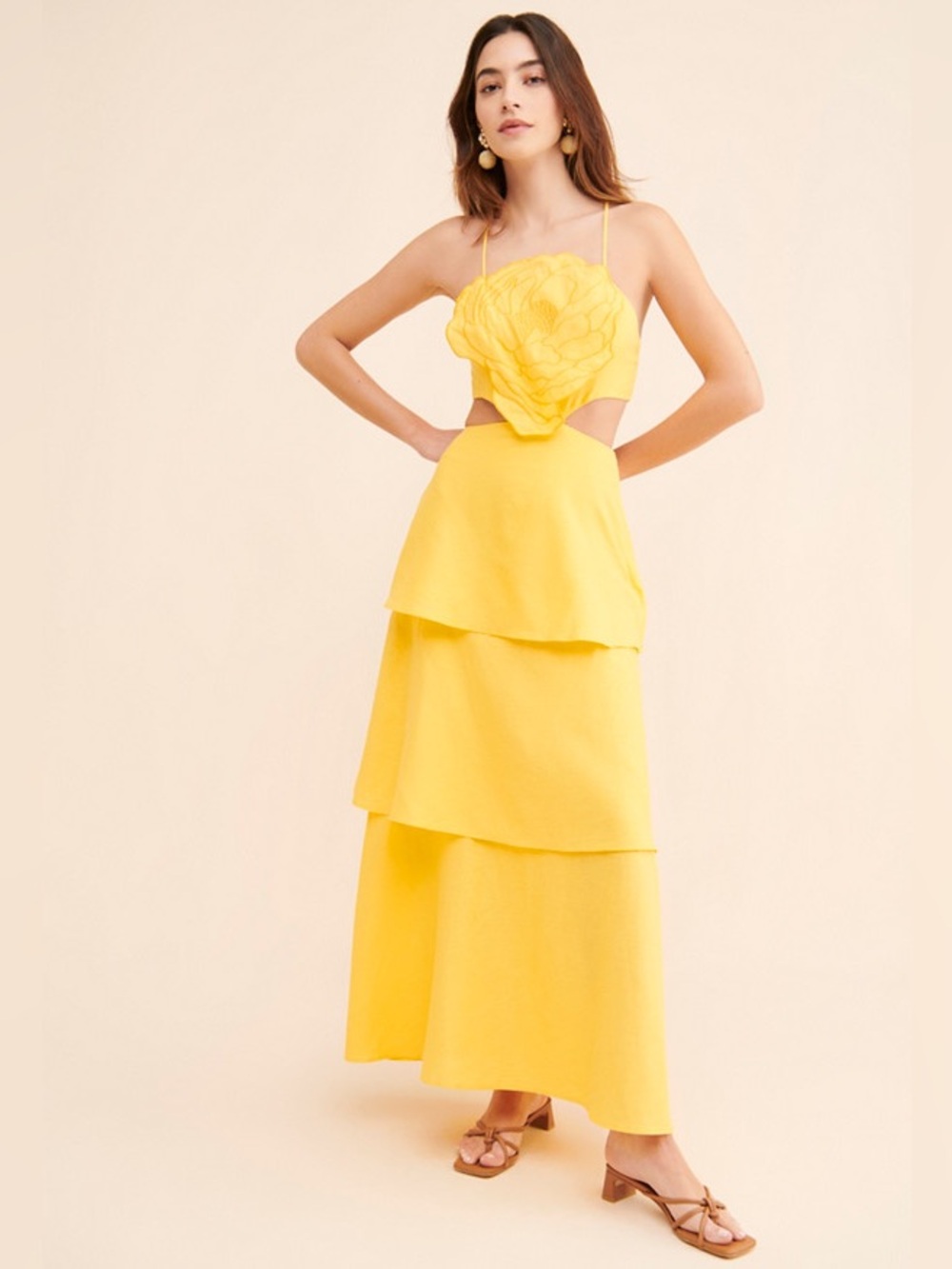 FARM Rio Bright Yellow 3D Floral Tiered Midi Dress